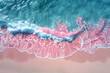 Spectacular top view from drone photo of beautiful pink beach with relaxing sunlight, sea water waves pounding the sand at the shore, calmness and refreshing beach scenery