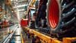 © Nicat - Tractor Manufacture work. Assembly line inside the agricultural machinery factory. Installation of parts on the tractor body - Image