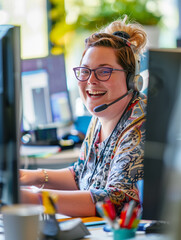 Wall Mural - Cheerful call center employee with colleagues, working with headsets in a lively office atmosphere