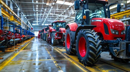 Wall Mural - Tractor Manufacture work. Assembly line inside the agricultural machinery factory. Installation of parts on the tractor body - Image