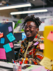 Wall Mural - Smiling african american young man at her workplace, working hard in the office at her desk. Pleasant working atmosphere