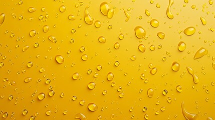 Condensation water or beer drops on a yellow glass texture background. Champagne or oil droplets, pure juice blobs .Top view