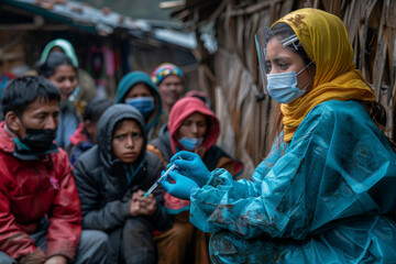 Sticker - A healthcare worker administering vaccines in a remote village, combating preventable diseases and promoting public health. Concept of global health initiatives. Generative Ai.