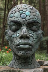 Poster - A stone head sculpture in a garden with flowers and trees, AI