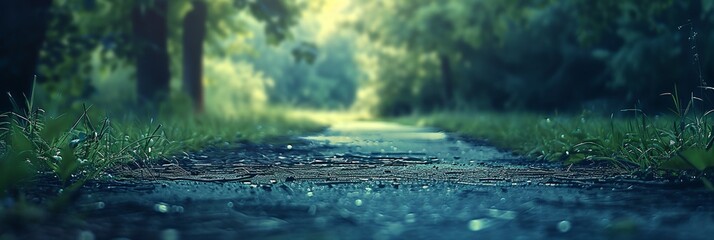 Wall Mural - a wet road in the middle of a forest with grass and trees