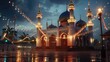 A serene view of a mosque decorated with lights and banners for Bakri Eid celebrations.