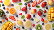 Creative layout made of fruits, Flat lay, Plum, apple, strawberry, blueberry, papaya, pineapple, lemon, orange, lime, kiwi, melon, apricot, pitaya, mango and carambola on the white background