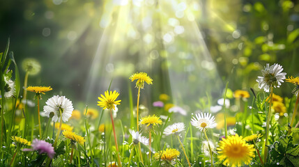 meadow with natural wild simple flowers with sunrays from sky