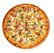 Top view of margherita pizza on a white background . Pizza with sausages and red onion on a white background. Top view.Very high quality photo.
