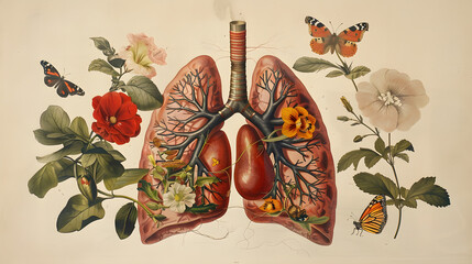 Wall Mural - A human lung is displayed at the core of a drawing. encompassed by garden elements such as flowers and butterflies. 