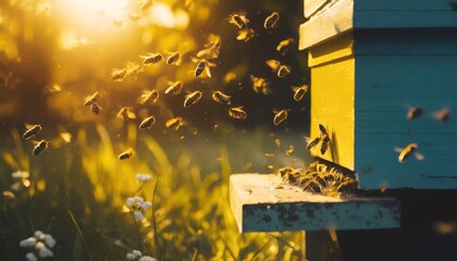 Wall Mural - honey bees swarming and flying around their beehive in the morning