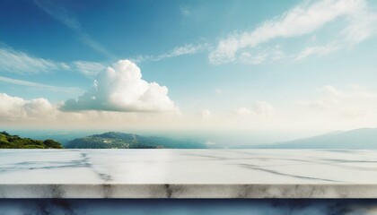 Wall Mural - marble top table with fluffy cloud on blue sky background backdrop background horizon banner nature glossy marble shelf over beautiful nature skyline for spring summer product display presentation