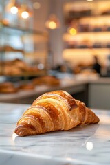 Wall Mural - Fresh croissant on cafe counter with blurred background