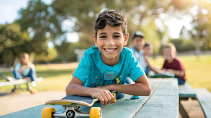 Wall Mural - A joyful boy on his skateboard is sitting at the picnic table with other playmates. 