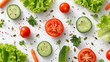 Eating pattern with raw ingredients of salad, lettuce leaves, cucumbers, red tomatoes, carrots, celery and seeds on white background