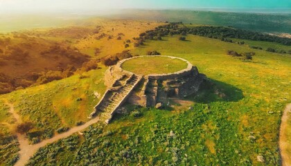 Wall Mural - aerial view of ancient megalithic monument in grassland rujum al hiri golan heights israel