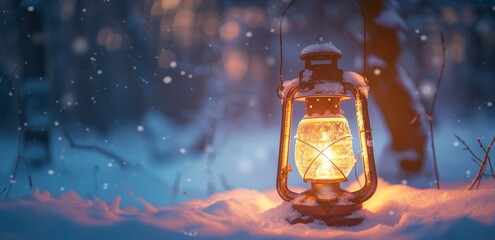 Poster - Illuminated Lantern in a Snowy Winter Forest at Twilight