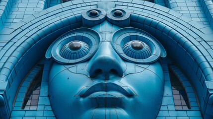Wall Mural - A blue face with large eyes and a nose on the side of an ornate building, AI