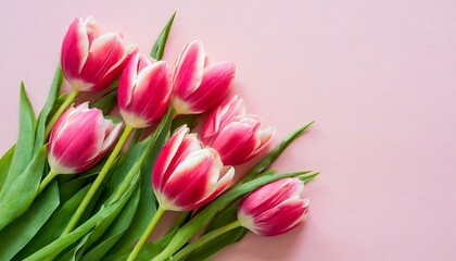 Canvas Print - tulip bouquet on pink background with copy space flat lay style greeting for women s day mother s day or spring sale banner