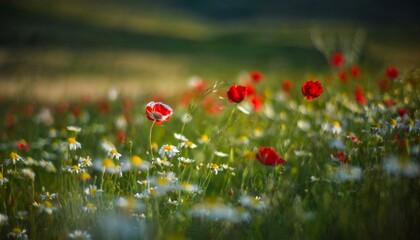 Canvas Print - spring sunny field with poppies and daisies flowers on grass with abstract defocused landscape