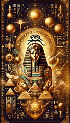 A majestic Egyptian pharaoh surrounded by astrological symbols, hieroglyphics, and sacred geometry, representing power, wisdom, and the mysteries of the universe.