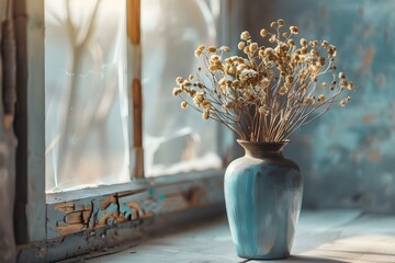 Wall Mural - Enhancing the Coziness of a Room with a Vintage Vase and Dried Flowers. Concept Vintage Vase Decor, Dried Flowers, Cozy Room Ambiance, Home Decor Ideas