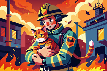 Wall Mural - A firefighter, exhausted but triumphant, emerges from a burning building cradling a rescued cat in their arms