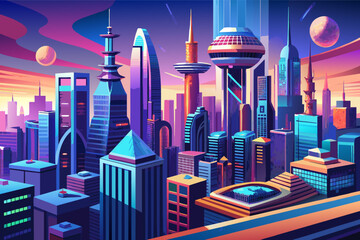 Poster - A futuristic cityscape with towering skyscrapers in 3D illustration