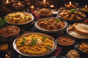 Wall Mural - 'indian food banquet dinner curry background basmati black bowl chicken coriander cookery dish isolated lamb meal pilaf eatery rice tikka prawn bengal hot selection serving spicey stainless steel'