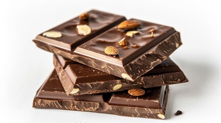 Wall Mural - Stack of chocolate bars with almonds on a white background