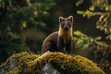 Poster - Alert Pine Marten in a Forest Setting