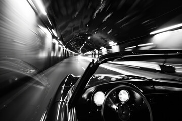 Wall Mural - A black and white photo of a car driving through a tunnel, with a fast shutter speed creating motion blur