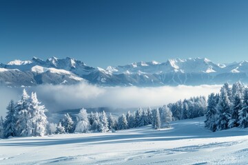 Poster - Serene Winter Landscape with Snow-Covered Trees and Mountain Backdrop