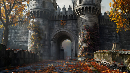 Poster - A medieval castle entrance with towering walls and an arched gate. surrounded by autumn leaves on the ground. The scene is set in an ancient European setting