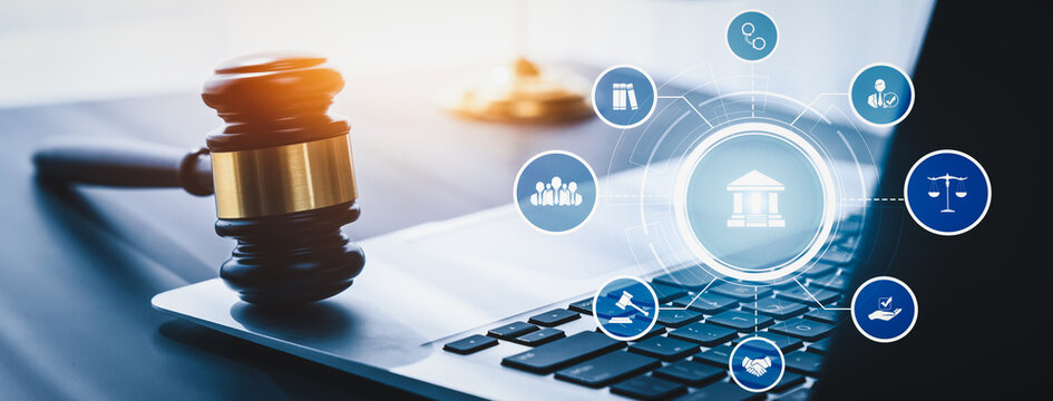 Smart law, legal advice icons and lawyer working tools in the lawyers office showing concept of digital law and online technology of savvy law and regulations .