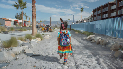 Wall Mural - a Native American girl in rainbow tunic and indigo book bag scurrying down the boulevard towards the art gallery. grey pebbles on both sides of her with some palms and condos in the landscape