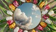 circle mirror reflecting clouds surrounded by colorful tulips flat lay of nature style concept 3d rendering