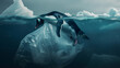A penguin trapped in a plastic bag underwater. Antarctic ocean background with icebergs visible above the water surface. 