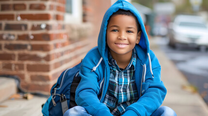 Wall Mural - A photo of an American middle school boy in a blue hoodie and plaid shirt. sitting on the sidewalk with his backpack beside him smiling at the camera 