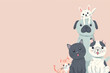Various cute domestic pets sitting together on a solid pink background.