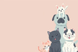 Fototapeta Tulipany - Various cute domestic pets sitting together on a solid pink background.