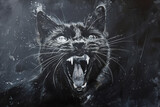 Fototapeta Tulipany - Close-up portrait of a black cat with teeth bared on black background