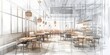 An interior design drawing of the restaurant area in white, grey tiles with light wood accents, large windows, pendant lights above table, chairs around it, modern style.