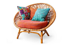 Bohemian-style Accent Chair With Woven Rattan And Colorful Cushions Isolated On Solid White Background.