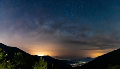 Poster - horizontal banner milky way night panorama with silhuettes of mountains and trees