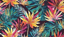Beautiful Autotraced Vector Seamless Pattern With Hand Drawn Watercolor Colorful Tropical Palm Leaves Wallpapper Textile Fabric Design