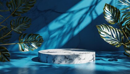 marble product display podium with shadow nature leaves on blue background 3d rendering