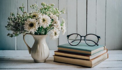 Wall Mural - vase of flowers and a row of books with glasses for vision on a white wooden table