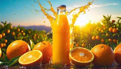 Sticker - bottle of orange juice is splashing in a field of oranges and blue sky the scene is bright and cheerful with the sun shining down on the fruit and the juice concept of freshness and vitality