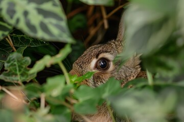 Wall Mural - Hidden Rabbit Peeking Through Leaves